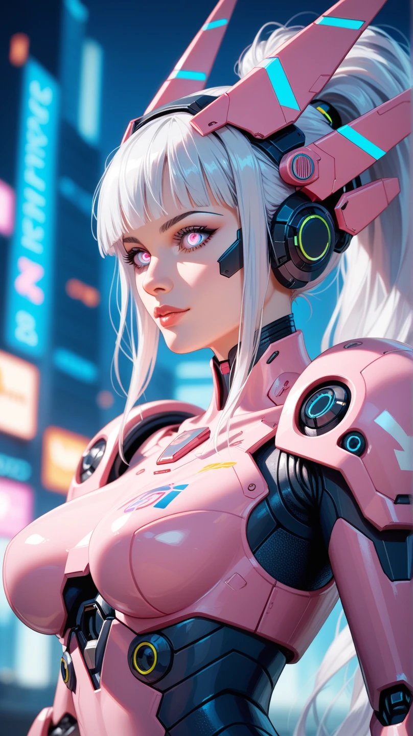 (best quality, masterpiece), 1girl, cyberpunk, robotic left arm, sexy, (huge breast:1.1), futuristic bar, (side view:1.1), white hair long, looking away, blurry background,