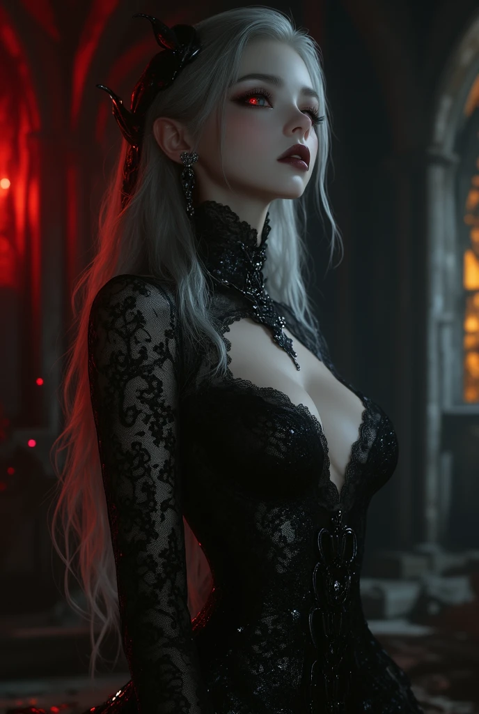 Photorealistic portrait of a vampire girl, У нее long light hair, Young woman, standing at full height in the dark, She is wearing a black short dress with a plunging neckline, Beautiful breasts, detailed chest, Black openwork stockings, black high heels, Detailed face, dark makeup, Seductive look, (sexual) Outside, fangs visible, Blood runs down his lips, bright glowing eyes. long light hair, realism, pale detailed skin, bright red eyes, very detailed skin, loose hair, Realistic skin, Gothic attire, Canon,4K, mysterious, Gothic, Sexy beautiful vampire girl, High 8K Image Quality, detailed image 16K.