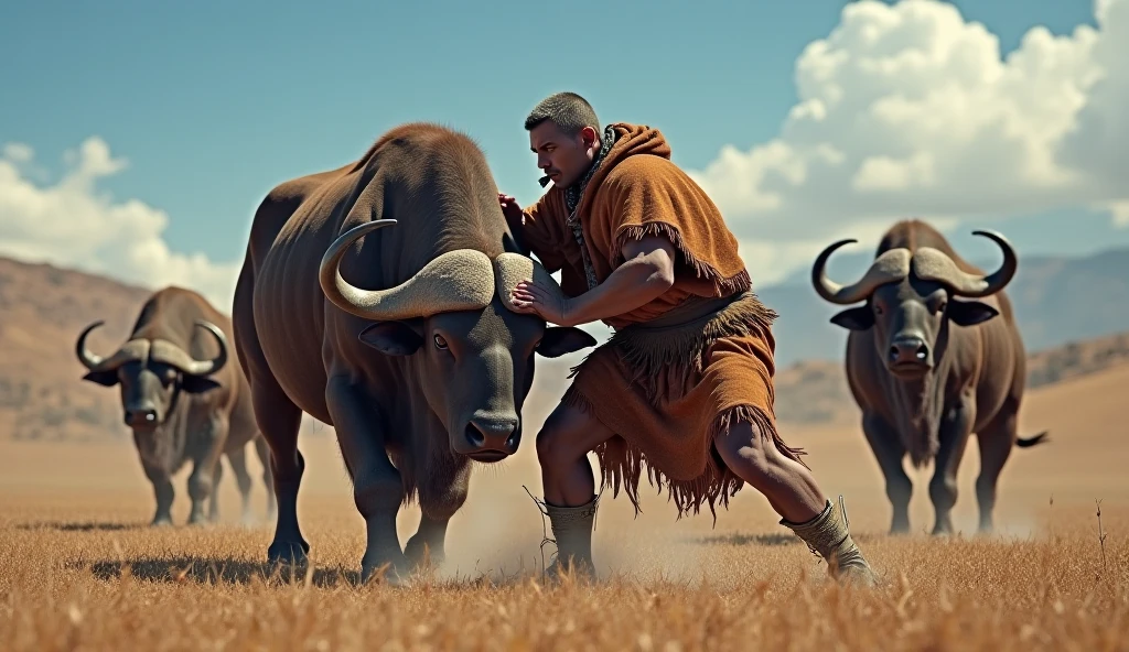 Hercules capturing the Cretan Bull, dressed in simple armor, Ancient Greece, wide open plains, wrestling the massive bull to the ground, clouds of dust rising around them, wide shot, hyper-realistic, photo realism, cinematography --ar 1:1