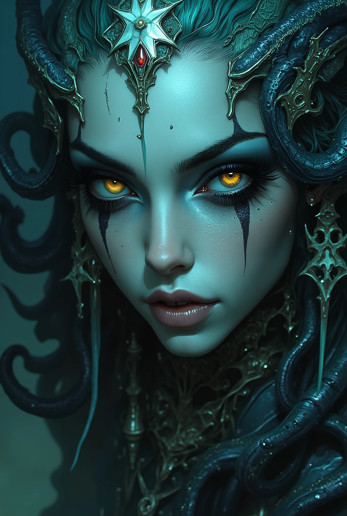 iridescent eyes, scary and sexy detailed art in color, Portrait, (beautiful and obscene female alien:1.4), (vulgarity1.7), (Translucent white skin:1.4), (There is a female genital-like organ in the middle of the forehead:2.3), (The most beautiful face in the history of the universe:1.2), an evil gaze that seduces, (sharp teeth like a vampire:1.0), Full body portrait, (bio luminescent:1.2),(Lots of translucent tentacles:1.3) , in the deep sea