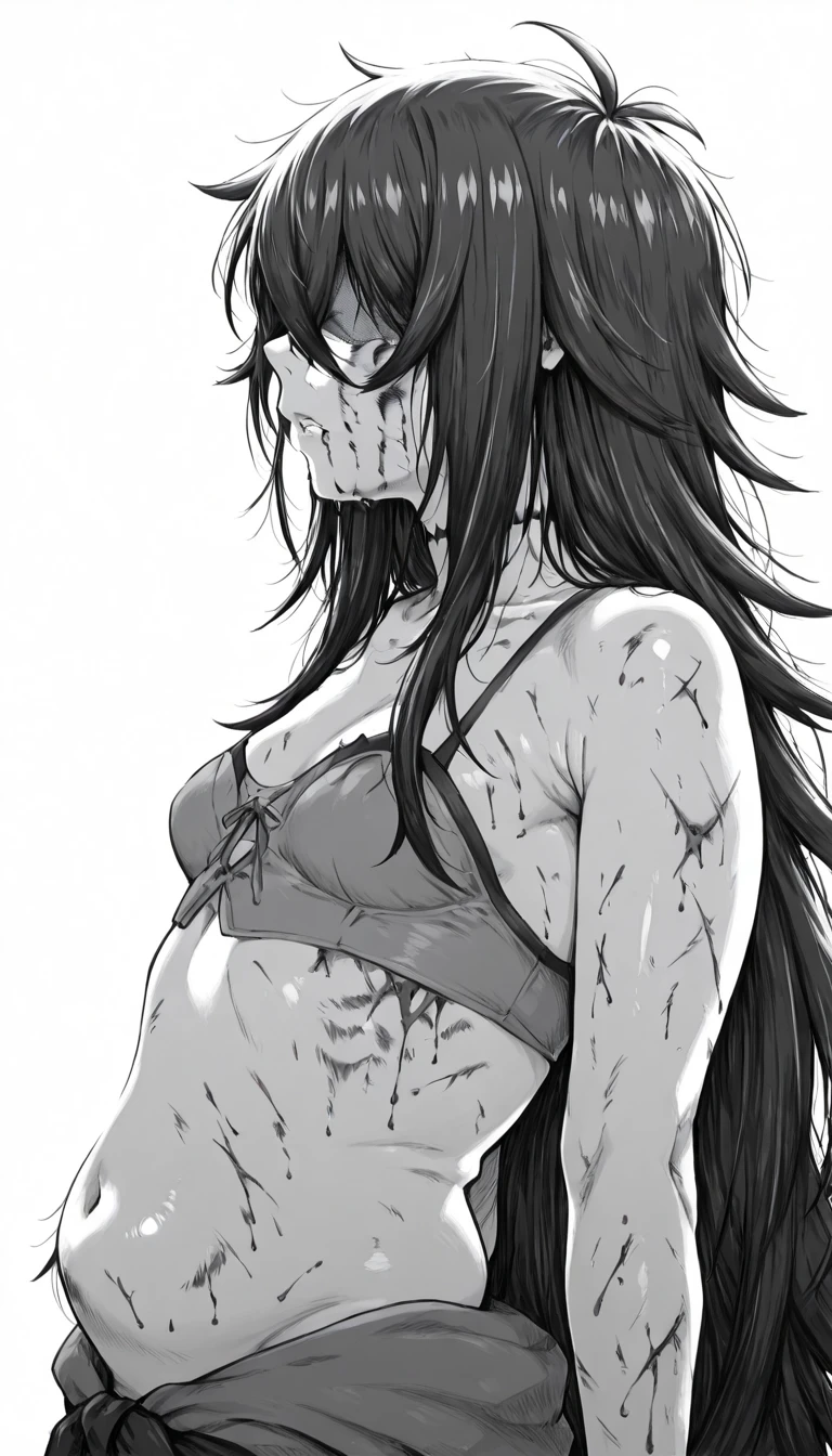 kanekistatus, greyscale, 1girl, solo, s3ntoinxx, ((black hair)), very long hair, hair between eyes, crossed bangs, black choker, ((small breasts)), shaded face, ((flabby stomach)), plump, injury, blood, blood on face, blood on arm, cuts, bruise, ((covered eyes)), no eyes, leaning back, looking up, from side, profile, upper body, white background, 