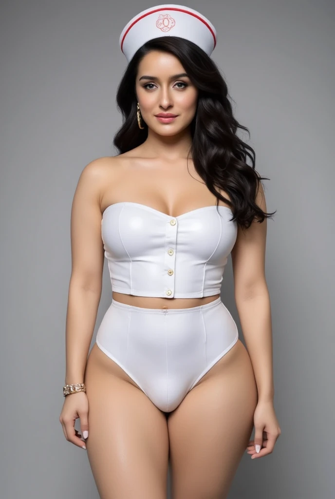 (masterpiece, best quality)), ((((perfect anatomy)))), Caucasian woman with long brown hair, dark red eyeshadow, dark red lipstick, white bra, ((( white high cut panties))), standing in front of a grey screen, (((photo realistic)))