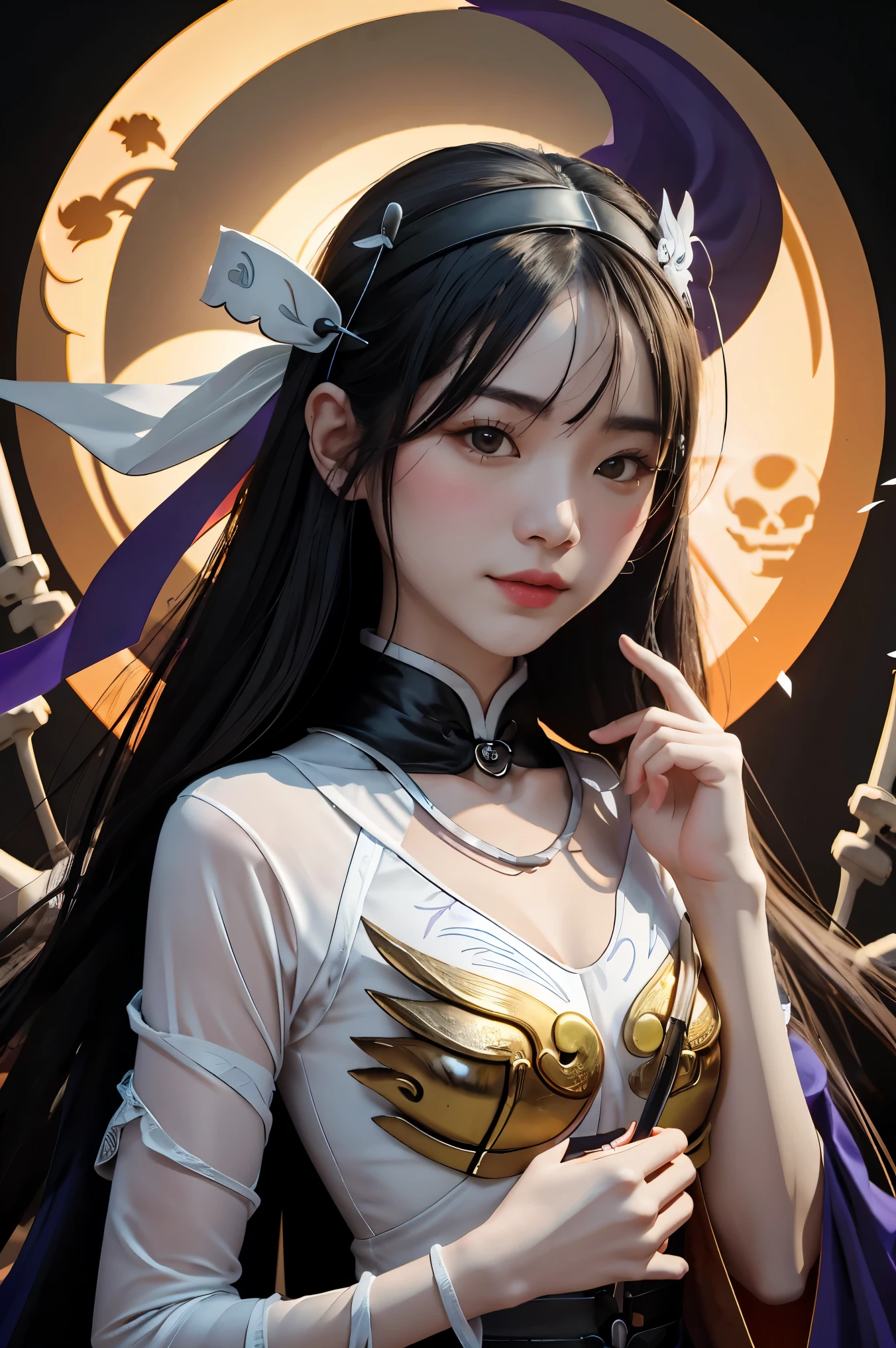 arafed woman in a skeleton costume with a hat on her head, hone onna skeleton geisha, skeleton girl, xue han, goddess of death, goddess of death in a graveyard, inspired by Xie Huan, eerie art style, saint skeleton queen, lulu chen, halloween art style, jingna zhang, wenfei ye, 2 d cg