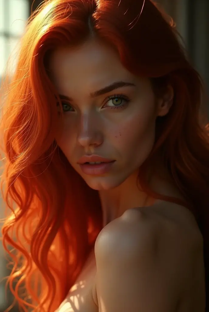 there is a woman with cabelo vermelho and a black bra top, cabelo vermelhoed goddess, ela tem cabelo longo redoranjado, cabeça vermelha, amoranto, pele laranja e cabelos longos e ardentes, with cabelo vermelho, ela é ruiva, cabelo vermelho and attractive features, she has cabelo vermelho, cabelo vermelho, angelawhite, with cabelo vermelho and green eyes
