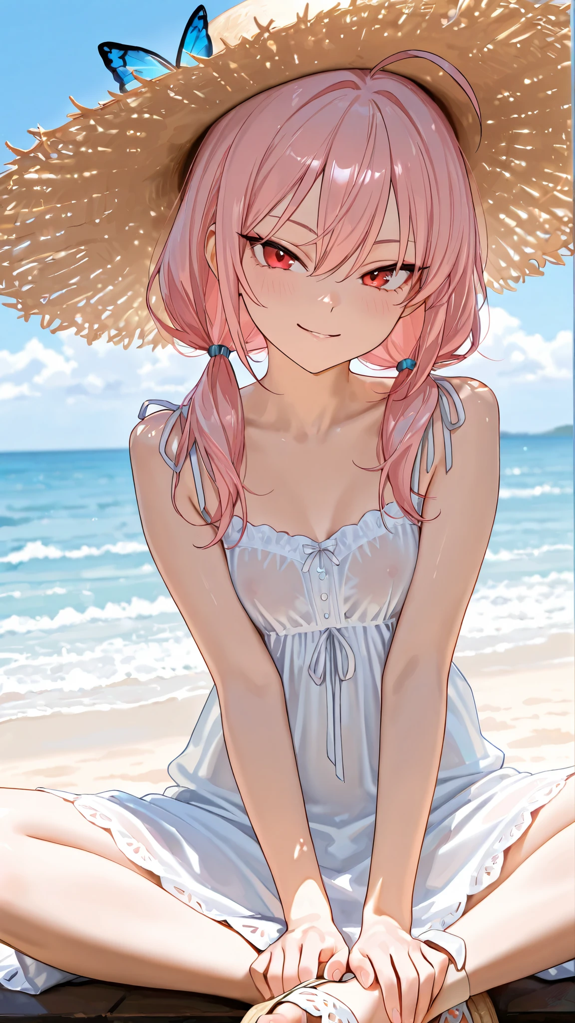 {{{masterpiece}}}, {{{best quality}}}, {{ultra-detailed}}, {illustration}, {{an extremely delicate and beautiful}}1girl small breasts absurdres,masterpiece,best quality,amazing quality intricate details, realistic lighting, artistic photorealism hot atmosphere, (tsurime:1.2)((tsurime)) (:1.3)(()) ,Seaside hair between eyes pink hair ahoge low twintails red eyes sundress see-through straw hat sandals seductive smile ,butterfly sitting Bare foot
