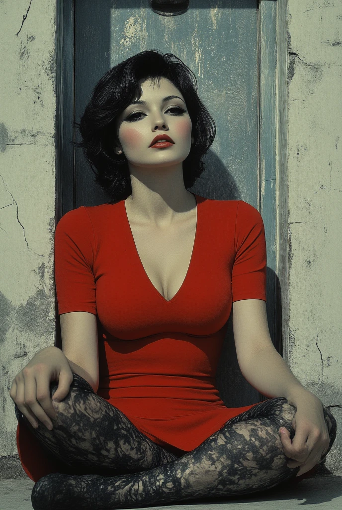 a woman in a red dress sits cross-legged against a wall, flowered leggings, expressionist painting, muted colors, cracked concrete wall, fine fine cracks, fabric on the wall,melancholic atmosphere, portrait style, high resolution, artistic style, elegant pose, fna_style, Niji Stan Katayama Style,ArsMovieStill, Movie still from an abstract retro future movie