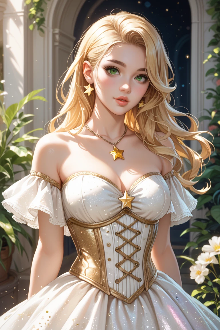cropped torso, adult, large breasts, woman, (Sunlit blonde hair arranged in loose, carefree waves.), brown eyes, beaded headband, wearing dr3ss, bows, cross-laced clothes,  (silk Templeton Gray dress), (embroidered ornate),  halterneck, high collar, jewelry, armlet, headdress, (lace trimmed) , frills, cuffs, ribbons, hair bow, <lora:RoccheDress:0.65>, (Point-of-view shot:1.1), Whimsical carousel in a flower-filled meadow,
