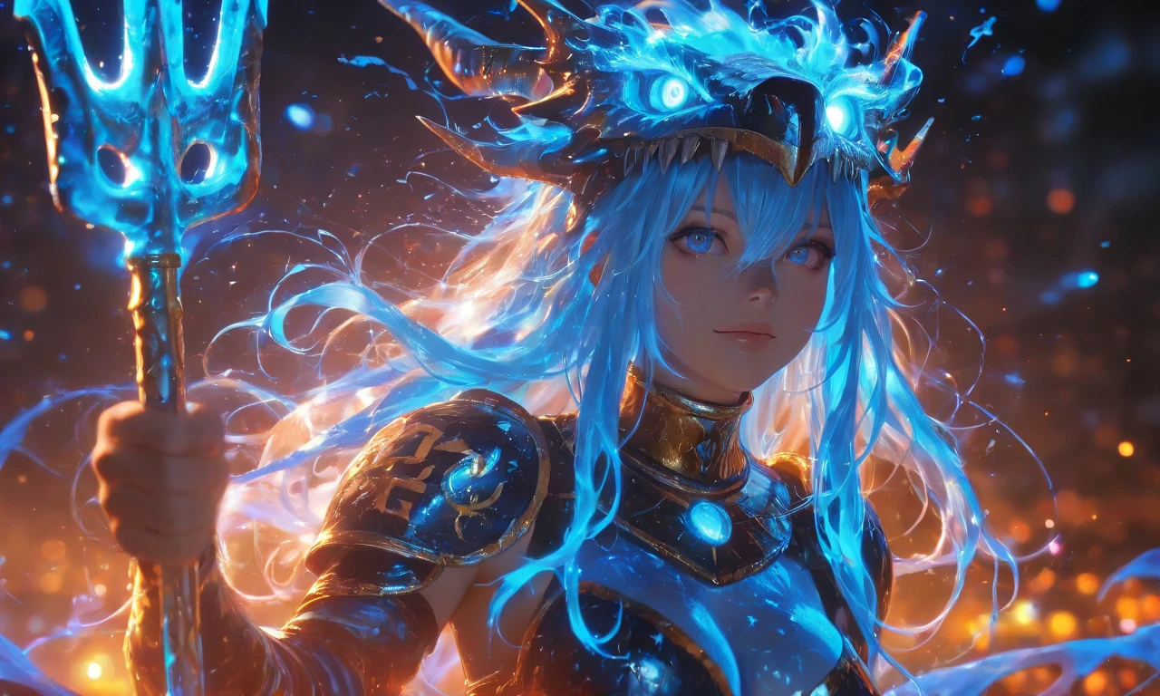 1girl, beautiful detailed eyes, beautiful detailed lips, extremely detailed face and eyes, long flowing blue hair, hair blowing in the wind, commanding an army, realistic Leviathan armor, trident, 3d anime style, sea monster army, best quality, 4k, 8k, highres, masterpiece:1.2, ultra-detailed, realistic, photorealistic, photo-realistic:1.37, HDR, UHD, studio lighting, ultra-fine painting, sharp focus, physically-based rendering, extreme detail description, professional, vivid colors, bokeh, Devine beast Dragon,