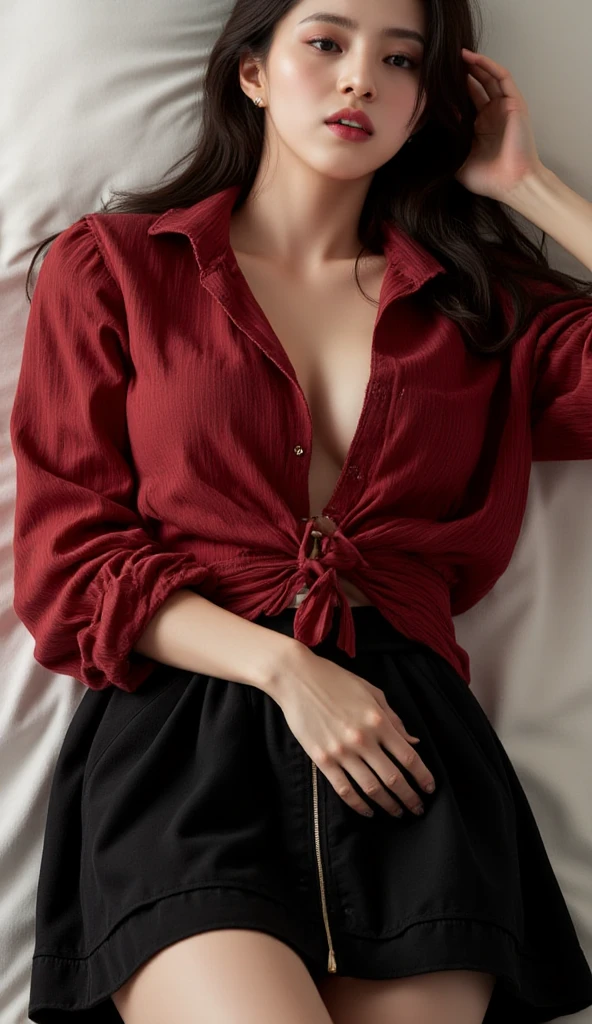jeune fille de 20 ans au cheveux tres long violet avec une veste ROUGE, habiller en ROUGE, vetue de ROUGE, OUTFIT RED, une tenue rouge, tshirt rouge RED rouge, habiller rouge mode, robe rouge, tenue vestimentaire rouge