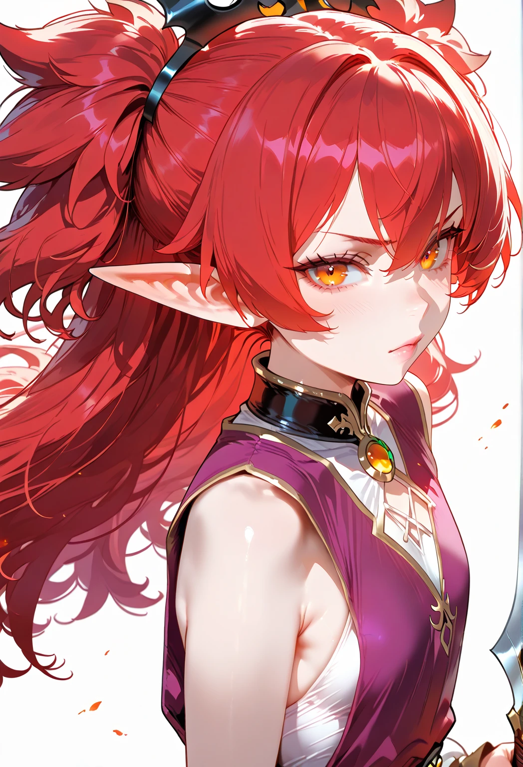 score_9, score_8_up, score_7_up, score_6_up, score_5_up, 1girl, solo, small girl, (loli:1.4), 4z0l4, (ss-h5BSis). concept art, upper body,
elf girl, pointy ears, orange eyes, pale skin, red hair,(Scarlet hair), long hair, big hair, barefoot, flat , dressed in a violet tunic. uses dual blades. (intricate details, masterpiece, best quality),  high definition, realistic, 8k, no background. white background. 