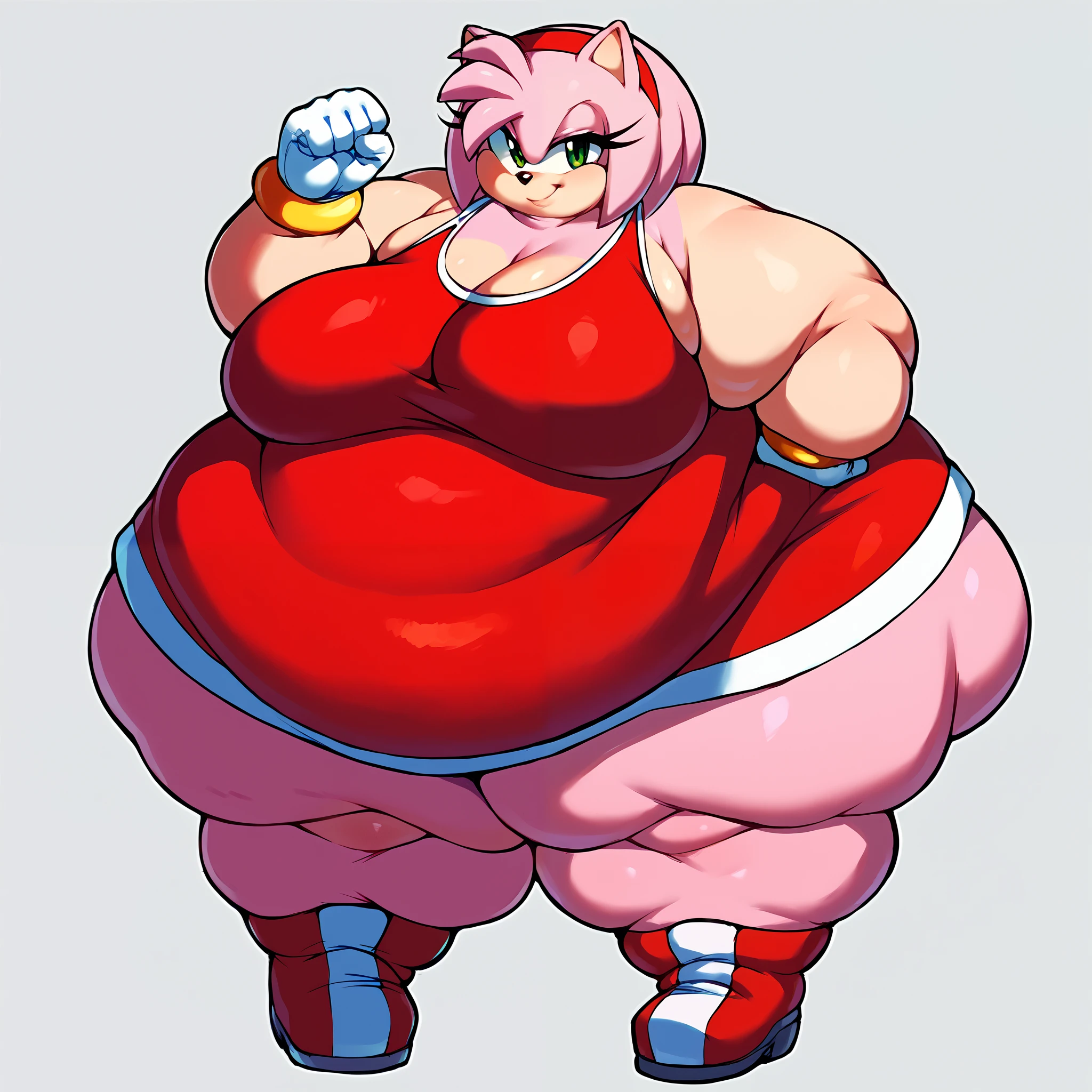 (Amy rose:1.3), Amy, masterpiece, best quality, detailed face, detailed eyes, highres, pink hair,long dress, big thighs, big muscles, big breasts, thick thighs , cute smile, long hair, wide hips, big biceps, 1 girl, hyper muscles, muscular! (big_muscles:1.8),(big_breasts:1.76),(big_biceps:1.7),veins, (cute:1.3) (teenager:1.7) , solo, flexing, long hair, (red_dress:1.7)