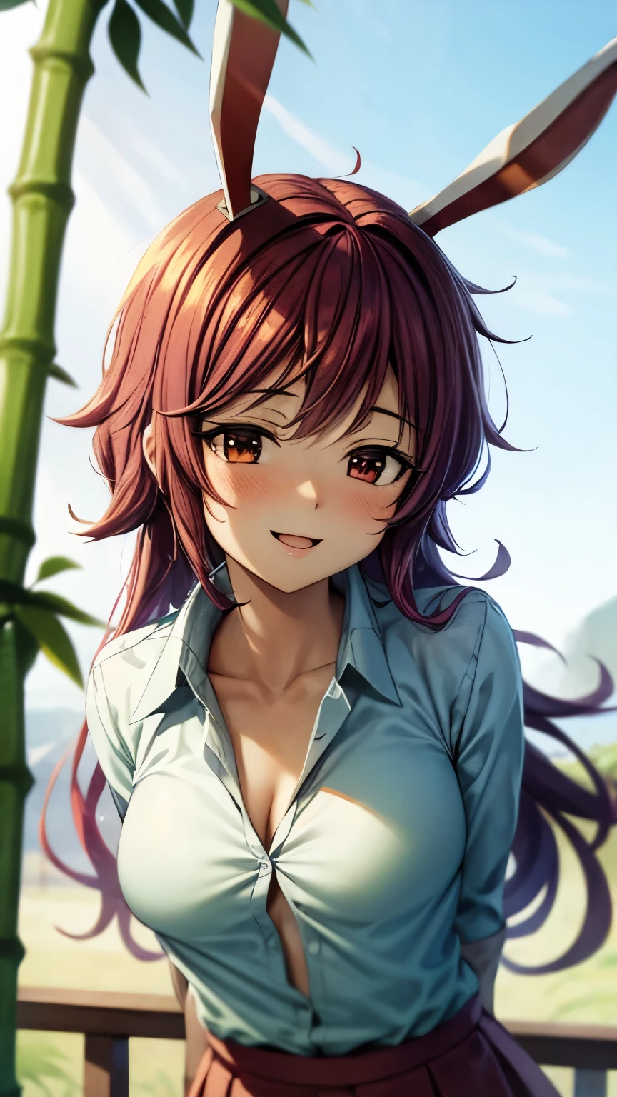 (Ultra High Quality,super high resolution,16k,Super Masterpiece,Ultra HD ,detailed shading and background,)Photographing the upper body,One sexy girl, long purple hair,Rabbit Ears, Sexy White Shirts,Chest Valley,pink miniskirt with long bangs,pussy sticking out,smile,blush,Open your lips a little,Bamboo Grove of the Rising Sun, forward bending,