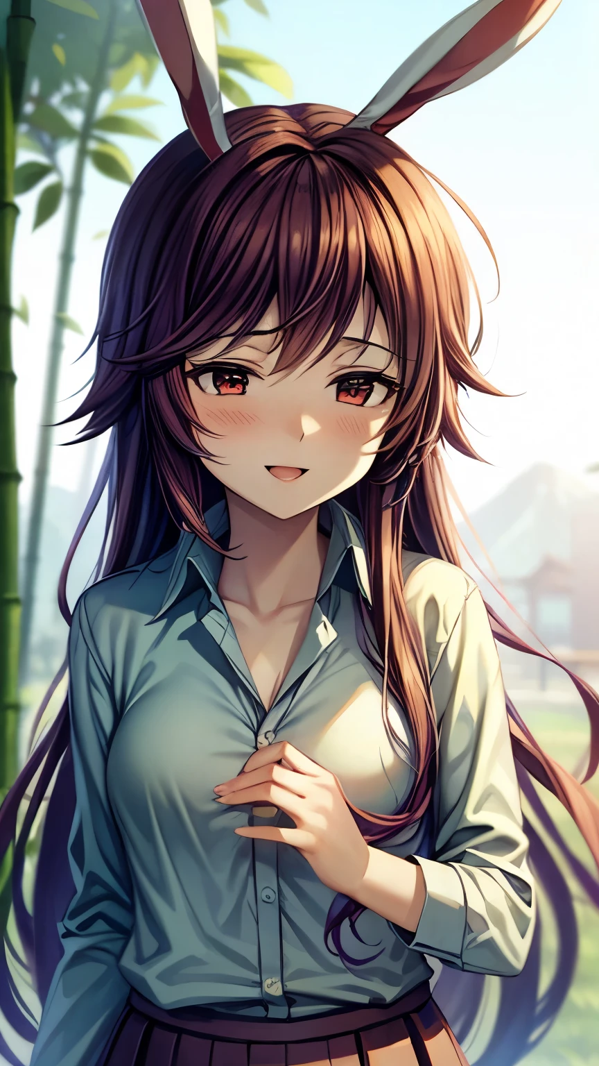 (Ultra High Quality,super high resolution,16k,Super Masterpiece,Ultra HD ,detailed shading and background,)Photographing the upper body,One sexy girl, long purple hair,Rabbit Ears, Sexy White Shirts,Chest Valley,pink miniskirt with long bangs,pussy sticking out,smile,blush,Open your lips a little,Bamboo Grove of the Rising Sun, forward bending,