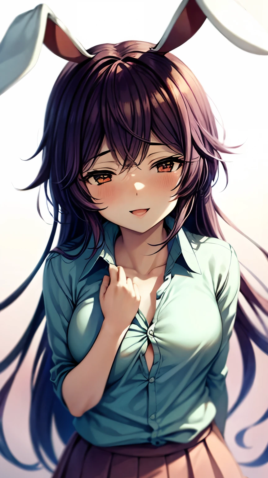 (Ultra High Quality,super high resolution,16k,Super Masterpiece,Ultra HD ,detailed shading and background,)Photographing the upper body,One sexy girl, long purple hair,Rabbit Ears, Sexy White Shirts,Chest Valley,pink miniskirt with long bangs,pussy sticking out,smile,blush,Open your lips a little,Bamboo Grove of the Rising Sun, forward bending,