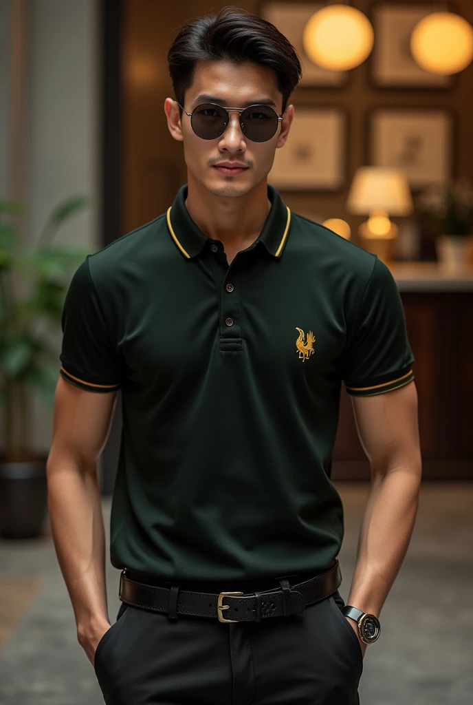 Draw a 1 teenage who is wearing dark green polo t-shirt, green sunglasses as a t-shirt,white trousers and blue Loro piano shoes and wearing a gold Rolex watch