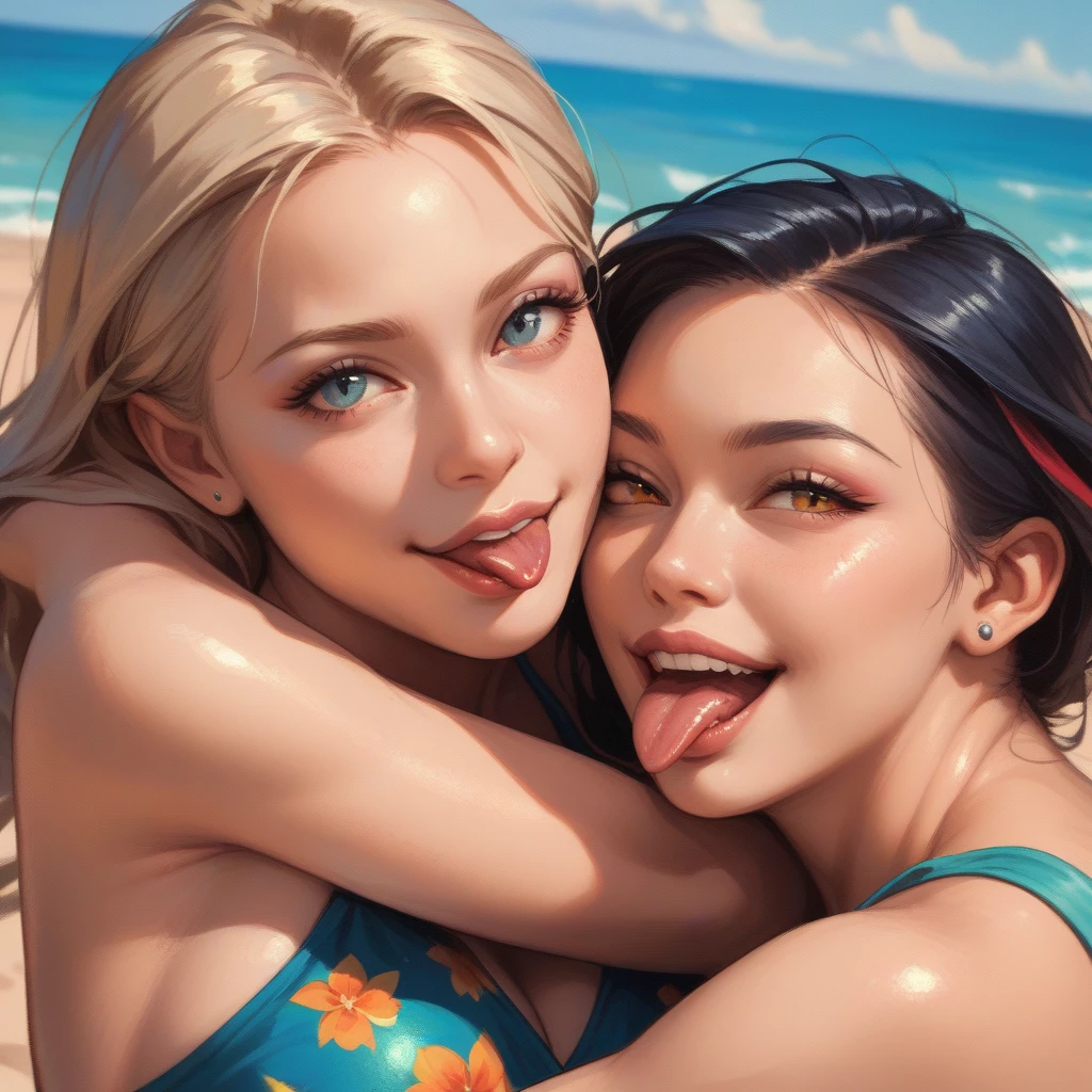 shy, tongue out, ahegao, saliva trail, many oval big balloons , Two adult women, lesbian , Surrealism, anime, 8k, super detail