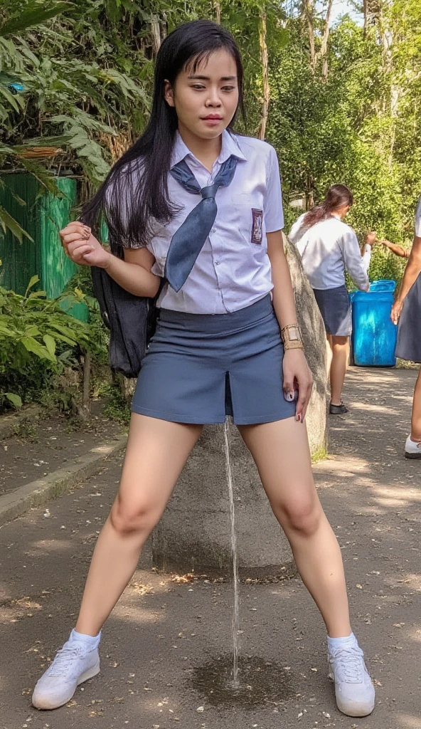 A 16-year-old female high school student with long black hair and wearing a school uniform squats down with tears in her eyes, opening her legs and showing her white panties.
