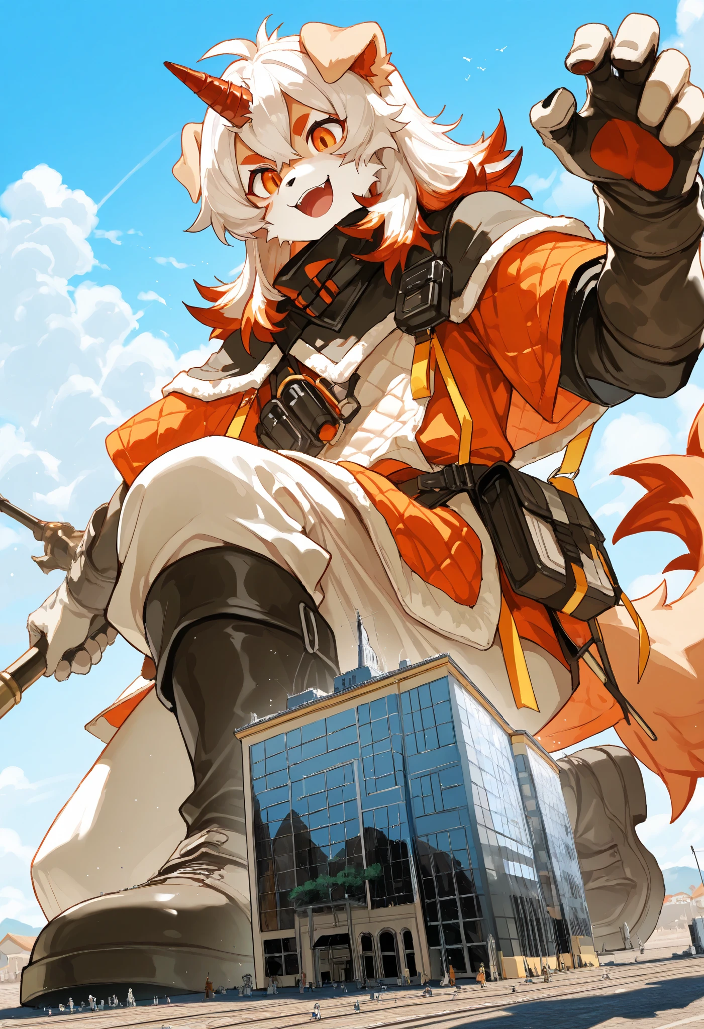 score_9, score_8_up, score_7_up, score_6_up, furry, anthro, solo, hung, perro, arknights, two-tone fur, medium hair, white hair, single horn, orange eyes,(macro size: 1.6), (a giant furry hung in a fantasy town: 1.1), describe image of a giant hung doing something in a fantasy town,