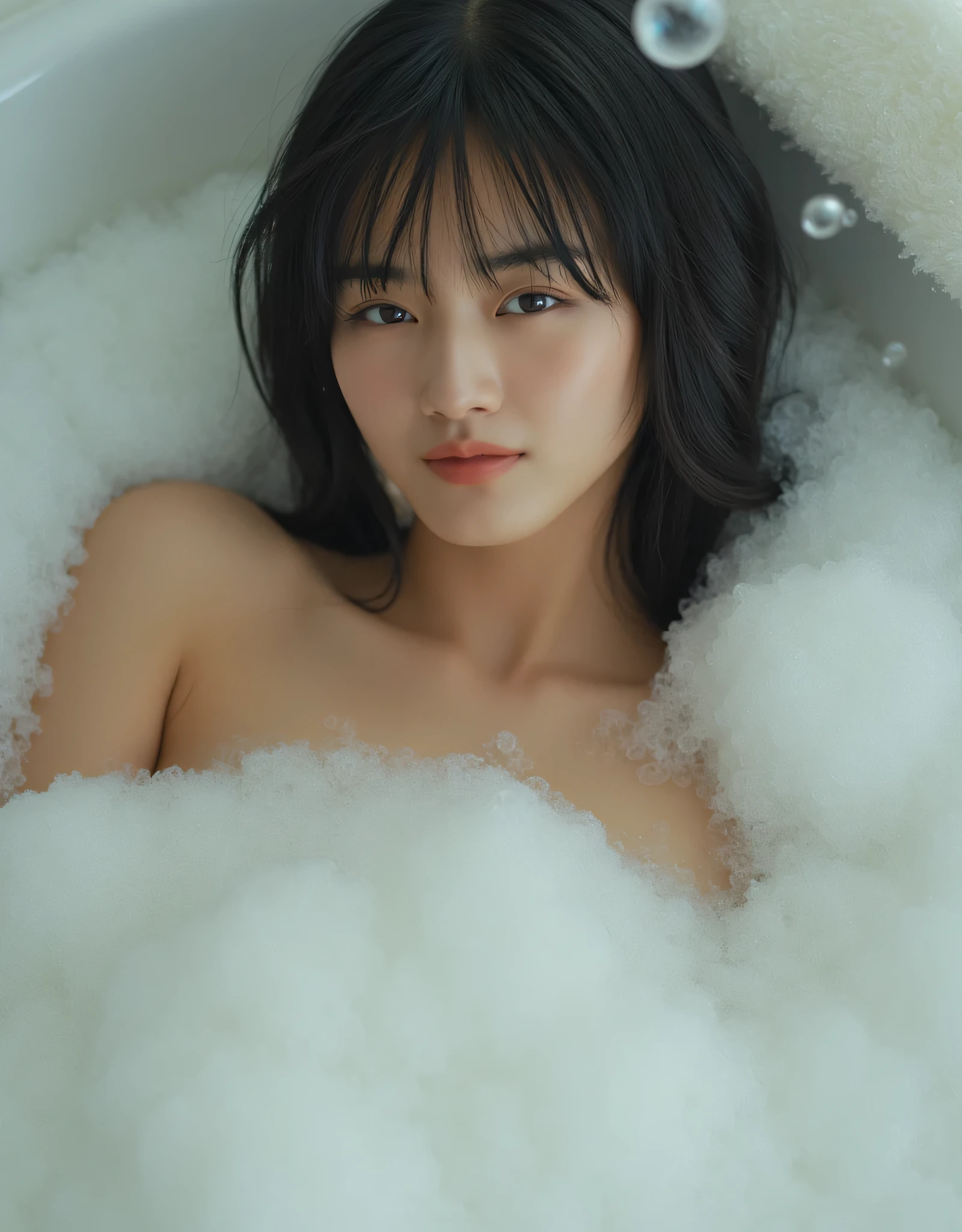 professional photography, realistic, Wong Ka-wai , A picture of an Asian woman lying in the bathtub taken from above, she has long disheveled dark hair , She is taking a bath, she has beautiful makeup , A bathtub full of bubbles , A picture of bubbles flying in the foreground , SFW censored with soap bubbles, complicated details