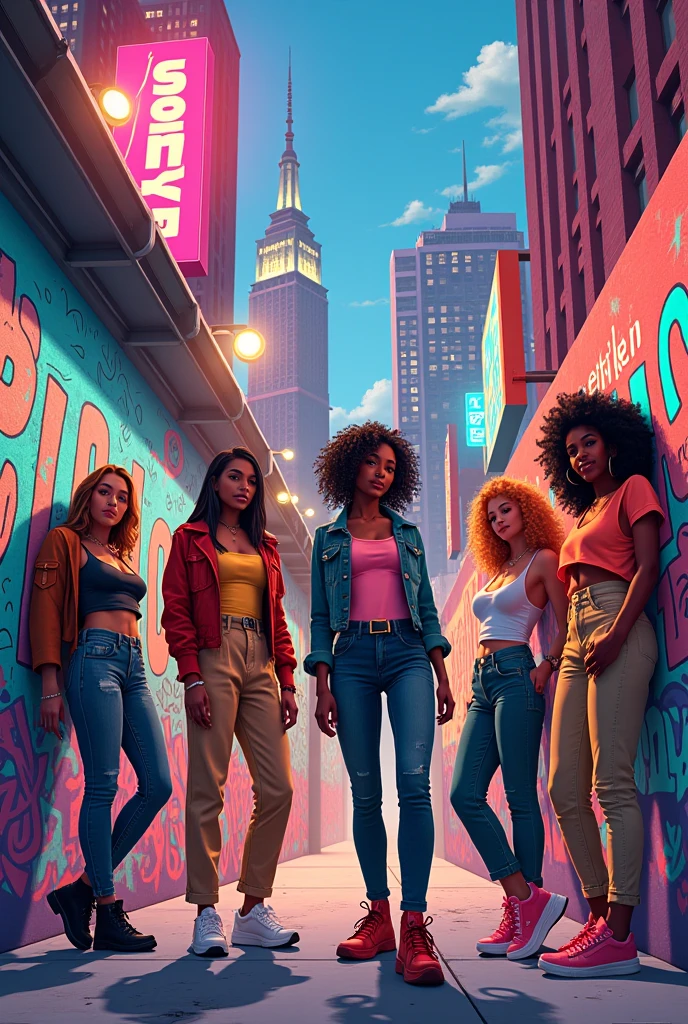 Group of young women heroes the leader has short blue-black hair, There is a woman with red hair, another woman with dark green hair and a Black woman with purple afro hair and mirrored glasses