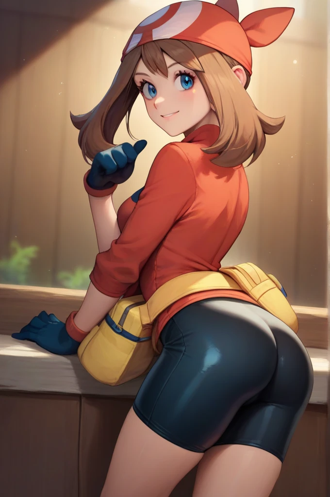 (masterpiece, best, quality, source_anime, highly detailed, 1girl, solo, floralayton, brown hair,  black eyes,  (curvy body, thick thighs,butt crack),  (green bodysuit, tight bodysuit, black latex elbow gloves, shiny clothes, latex heel boots), all fours, evil smile, grin,  looking at viewer, from behind, spread legs, black belt)