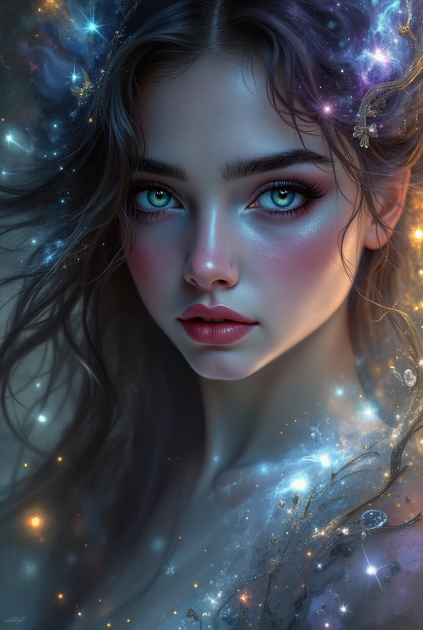 A beautiful Image of Art is woven on canvas, Mysterious Colors, Very Beautiful , Like a magic Brush, A pattern is drawn on a Beautiful Picture, Drawing a Portrait of a Girl Not Extraordinary, with gorgeous facial features, A Magical Portrait with Beautiful and Incredible Colors, Every feature like a magic brush, conveying a certain mystery to the image, Gorgeous Eyebrows and Lush Lashes, refined beautiful eyes, expressive facial features, Masterpiece , best quality, maximum details, 8 k, intricate details, high definition, fantasy style, high-quality creation, professional artist, great , Exactly, Wonderful,