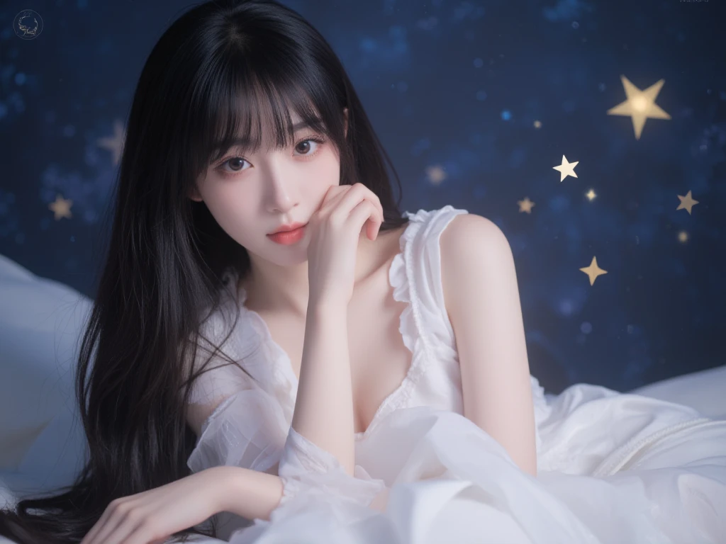 (One girl with slender small breasts and long hair with dull bangs in a white dress1.5)、(One girl looking up the sky with small smile :1.3)、(Low angle shot :1.5)、(Beautiful stary night:1.5)、(Perfect Anatomy:1.3)、(No mask:1.3)、(complete fingers:1.3)、Photorealsitic、Raw photography、masutepiece、top-quality、hight resolution、delicate and pretty、face perfect、Beautiful detailed eyes、Fair skin、Real Human Skin、pores、((thin legs))、(Dark hair)