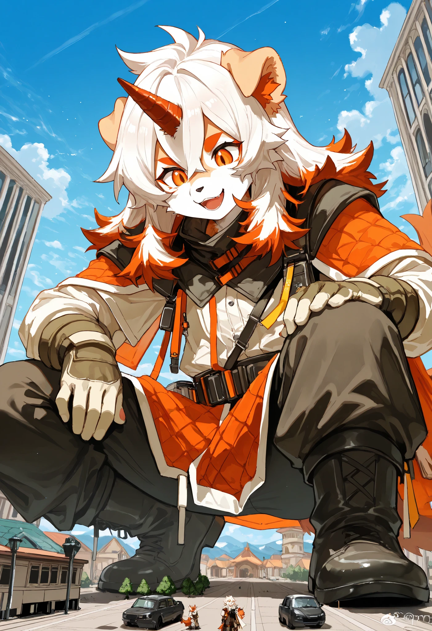 score_9, score_8_up, score_7_up, score_6_up, furry, anthro, solo, hung, perro, arknights, two-tone fur, medium hair, white hair, single horn, orange eyes,(macro size: 1.6), (a giant furry hung in a fantasy town: 1.1), describe image of a giant hung doing something in a fantasy town,