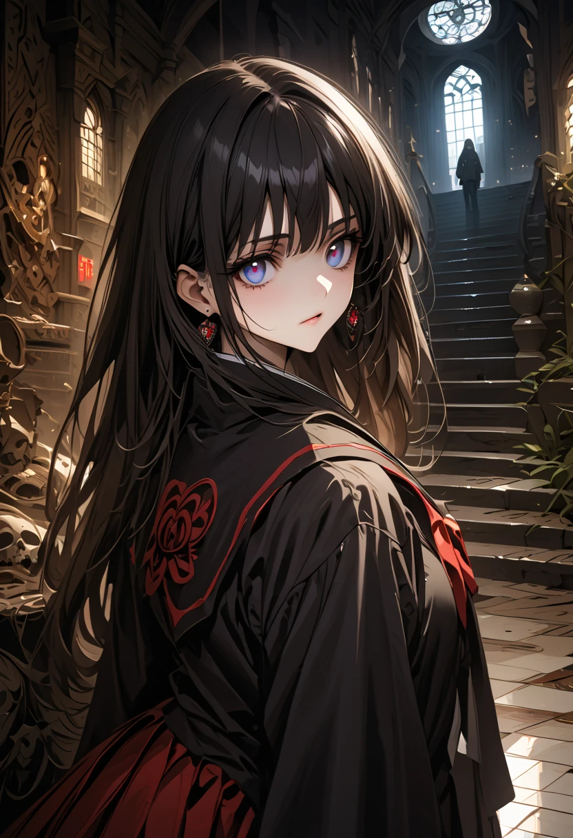 Ultra detailed, HDR, Highres, absurdres, master piece, beautiful young woman, with long black hair,bangs, indigo eyes, wearing anaval-styled Japanese school uniform: red mini-skirt with pleats and ruffles at the hem, and a white and black top with a black jacket. Earrings. Black leggings.  Ghost