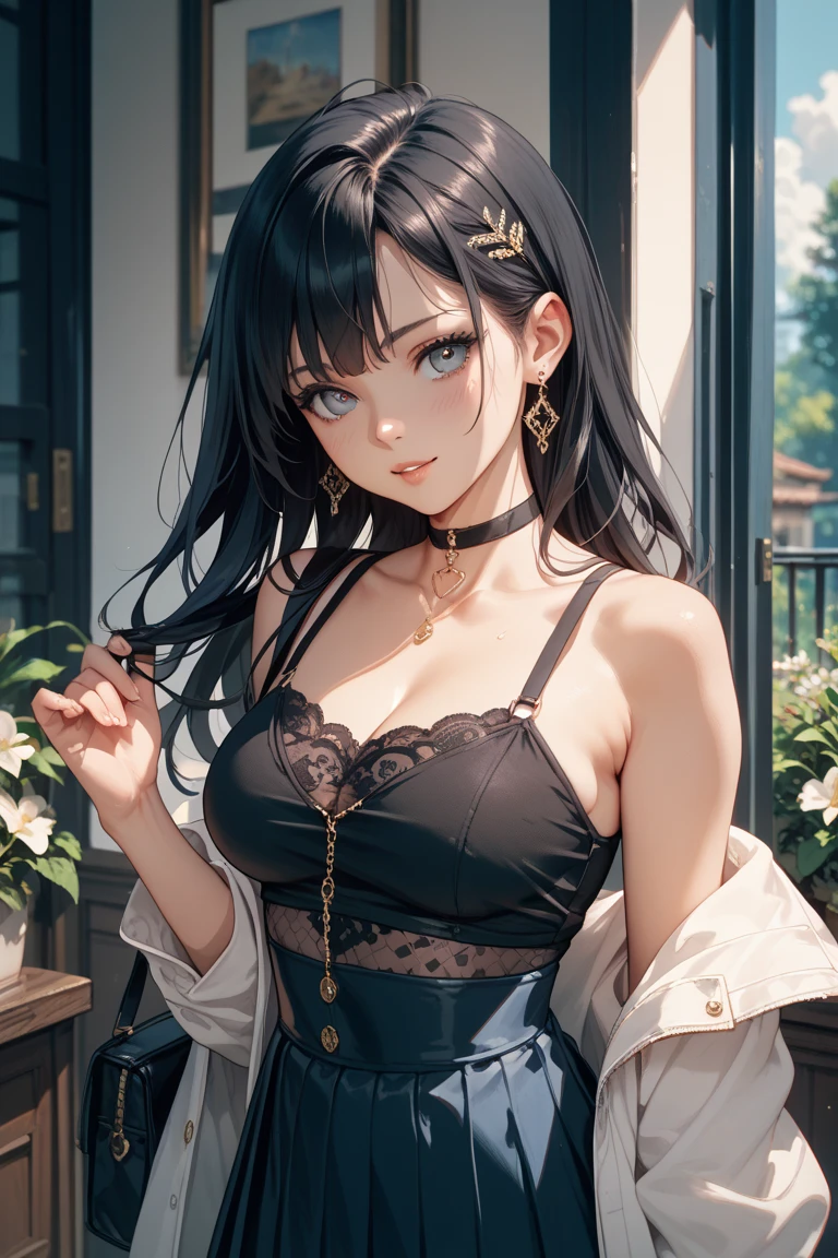 A beautiful girl with long black hair, wearing black bunny ears, striking a playful pose, serene expression, detailed facial features, delicate skin, soft lighting, cinematic composition, atmospheric background, dreamlike, elegant, highly detailed, photorealistic, 8K, best quality