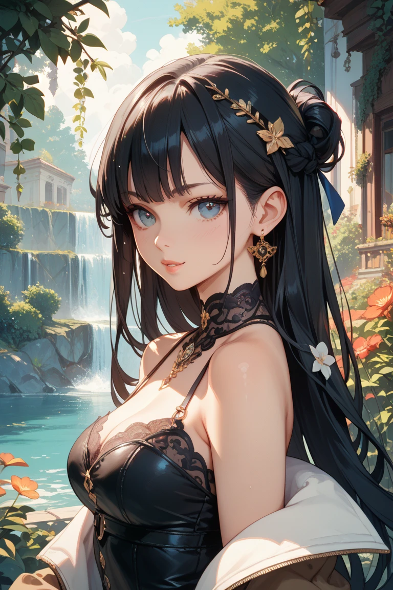 absurdres, RAW photo, extremely delicate and beautiful, masterpiece, Best Quality, ultra high resolution, 32k, hyperrealistic, ultra-detailed, delicate facial features, beautiful detailed woman, tearful mole, earring, medium breasts, full body shot, medium hair, black hair, Dunhuang Apsaras costume, Dunhuang style,