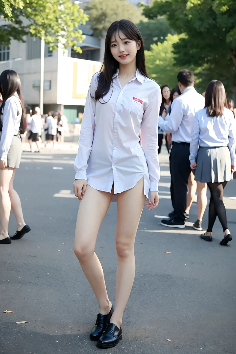 (8K, masterpiece:1.2), ulzzang -6500-v1.1, (Raw photo: 1.2), (Photo realsitic:1.4), 1girl in, Solo, Full body, school uniform (long skirt lift: 1.3), (erotic panties:1.3), Spread legs, japan city, blue blud sky, cloud, soaking wet, Chiho Ashima, chiho, Ayaka, Kimi Takemura, young cute wan asian face, Girl cute fine face, Cute Shunumi, mana ashida, the face of a beautiful Japanese girl, (nsfw:1.3), hair blows in the wind, smile, long hair, show off vagina under panties, show off nipple under shirt, nipples under your shirt, (female orgasm:1.3), a little muscular, A skirt that flutters in the wind, embossed vagina, Loafer shoes, A pussy that can be seen through panties, smile, dynamic posing, earrings, Roll up your shirt sleeve, small breasts, love, crowd