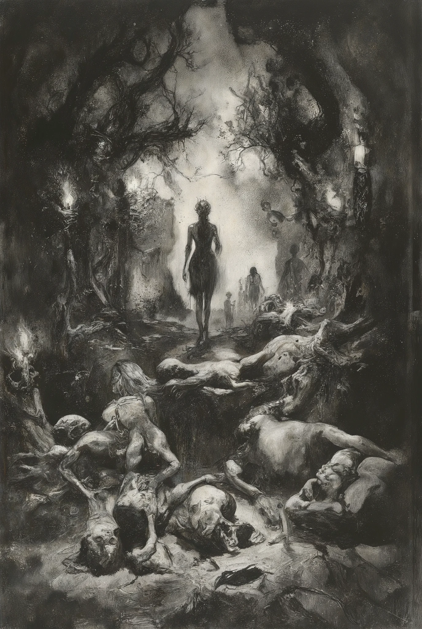 A hellish tableau unfolds on the ravaged battlefield of Armageddon: an alluring demoness saunters amidst the scattered s. Twisted trees and skeletal remains stretch towards the darkened sky like grasping bony fingers. Torches cast eerie shadows, plunging the scene into an abyssal gloom. The demon's form, chiseled from darkness itself, stands bold in ink sketch lines, radiating terror and madness as it towers over the lifeless bodies. A deep, dark background swirls with eerie energy, illuminated only by faint moonlight casting long shadows across the gruesome scene.