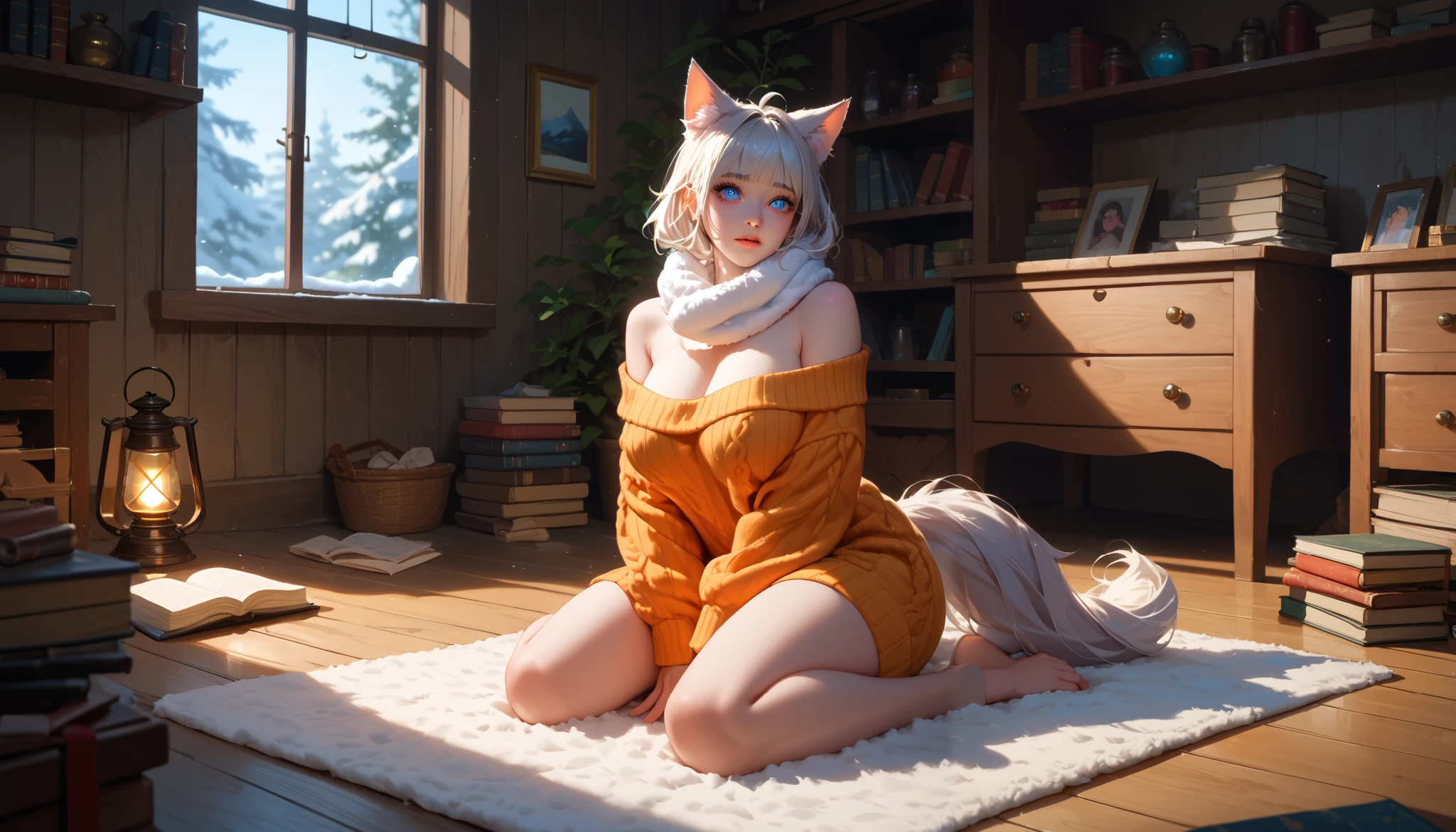 "A girl with a nice body and nice breasts sits cross-legged on a thick rug in an attic room, her perfect face glowing under the cinematic light of a nearby lantern. She wears a fluffy scarf and oversized sweater, her perfect eyes immersed in a book. A small circular window offers a view of snowy treetops."
