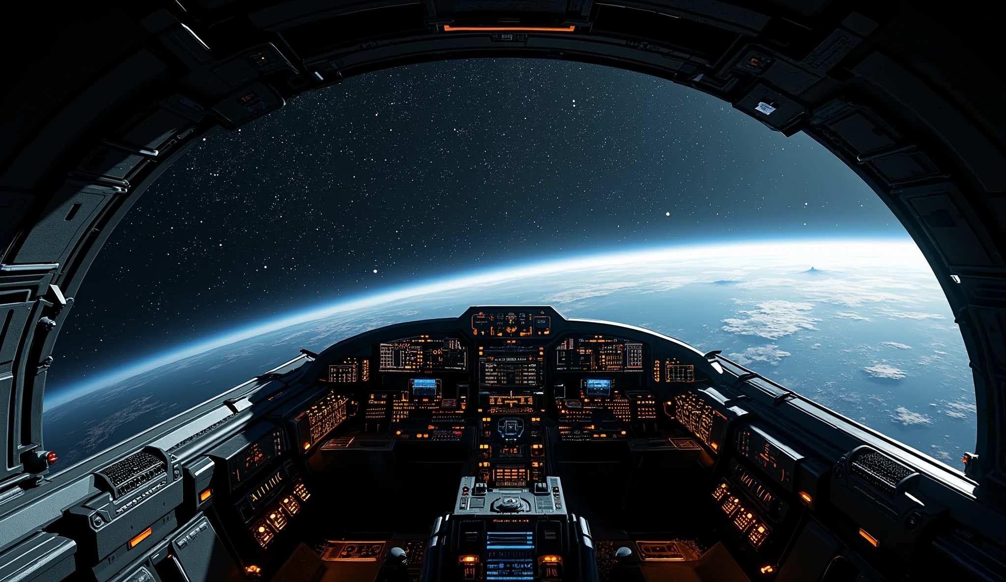 cockpit. Inside of the spaceship in space cockpit view. First person view fov, highly realistic, fps view, no human.