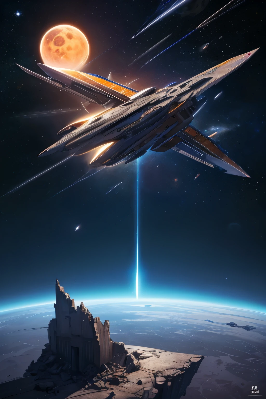 a digital painting, Of a symmetrical ship flying, aged, filled with broken parts, flying among a shattered ruined Moon, meteoritos, with ancient space buildings, with a distant planet in the background, dots in outer space, super detailed , quality digital painting, quality rendering, award winning, semirealistic art style