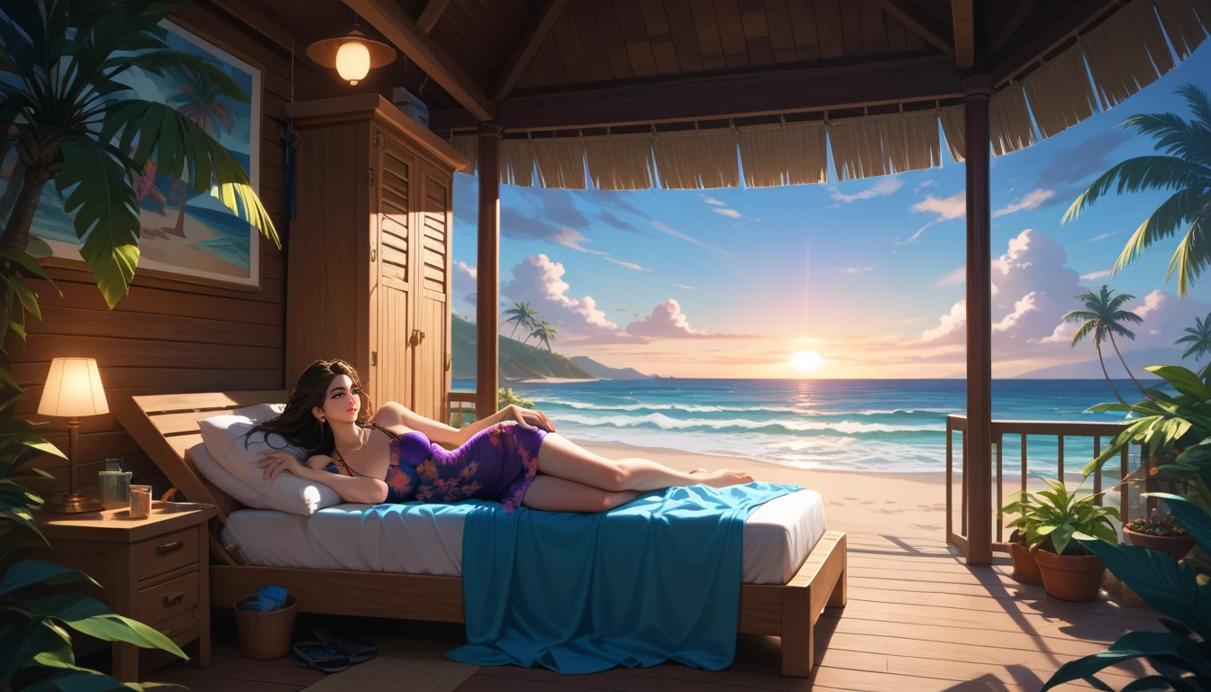 Escenas exquisitas,Profundidad de campos,8k,El sol brilla en la playa,Dead bride on a warm summer night, una noche clara, estrellada iluminada con la luz de laguna