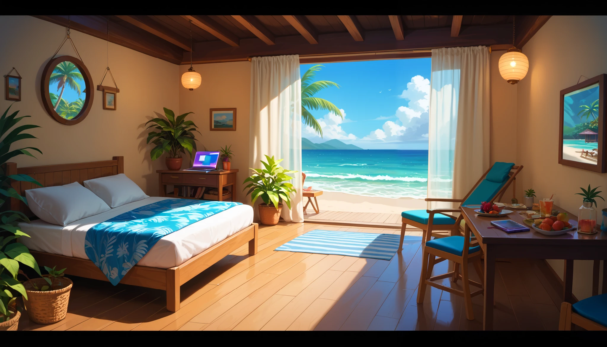 "A woman working on her laptop late at night in a tropical beach hut. She is wearing a breezy purple mini dress, with the sound of waves and lofi music blending together. The room is lit by a single lantern, and the open window reveals moonlit palm trees and the ocean beyond. Shot in 16:9 from the side, showcasing her full body and the tranquil tropical vibe."