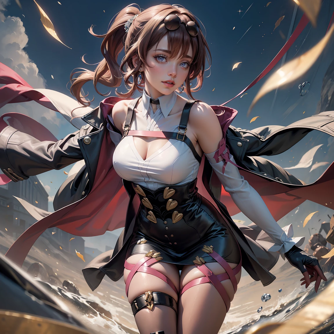 <lora:add_detail:0.3><lora:Addams:0.4> thick outlines, strong shadows, 1 girl, full body portrait, fire swirl <lora:amber (genshin impact) flexible:1> amber \(genshin impact\), brown eyes, brown hair, long hair, red hair ribbon, brown short shorts, leather gloves, pouch, thighhighs, white boots, small breast, cleavage, \(clothing\) detailed background, detailed face, background night castle,