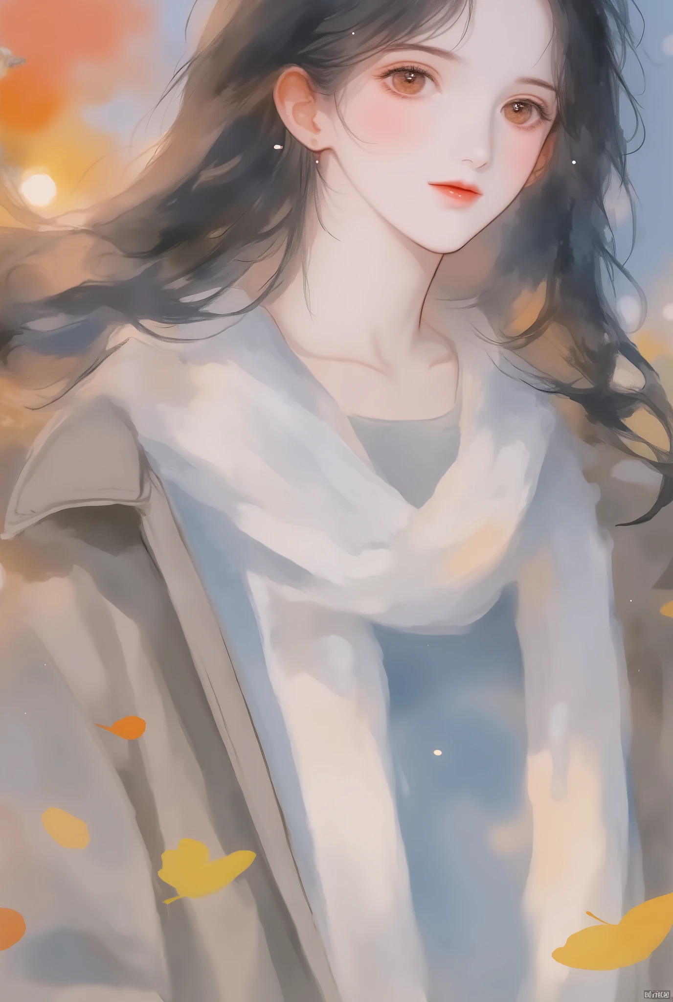 A girl with long brown hair, brown eyes, sharp features, white skin, shiny light pink lips, beautiful, perfect elegant, wearing winter clothes, clear bright colors, high quality resolution, autumn background .
