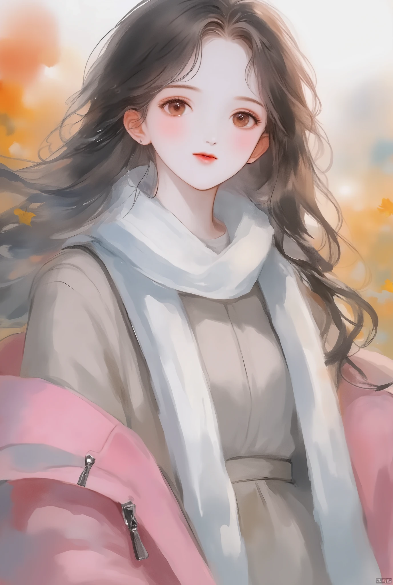 A girl with long brown hair, brown eyes, sharp features, white skin, shiny light pink lips, beautiful, perfect elegant, wearing winter clothes, clear bright colors, high quality resolution, autumn background .