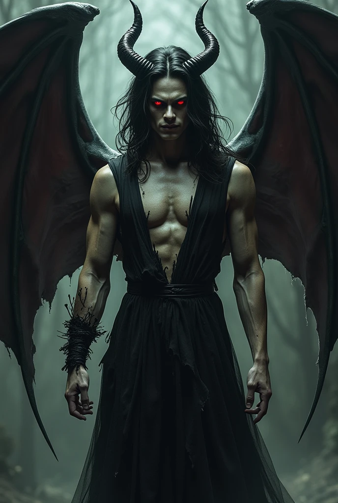 Create a male tiefling character with gray skin., gold eyes, cabelos negros como a noite, wings and tail, tatoo
