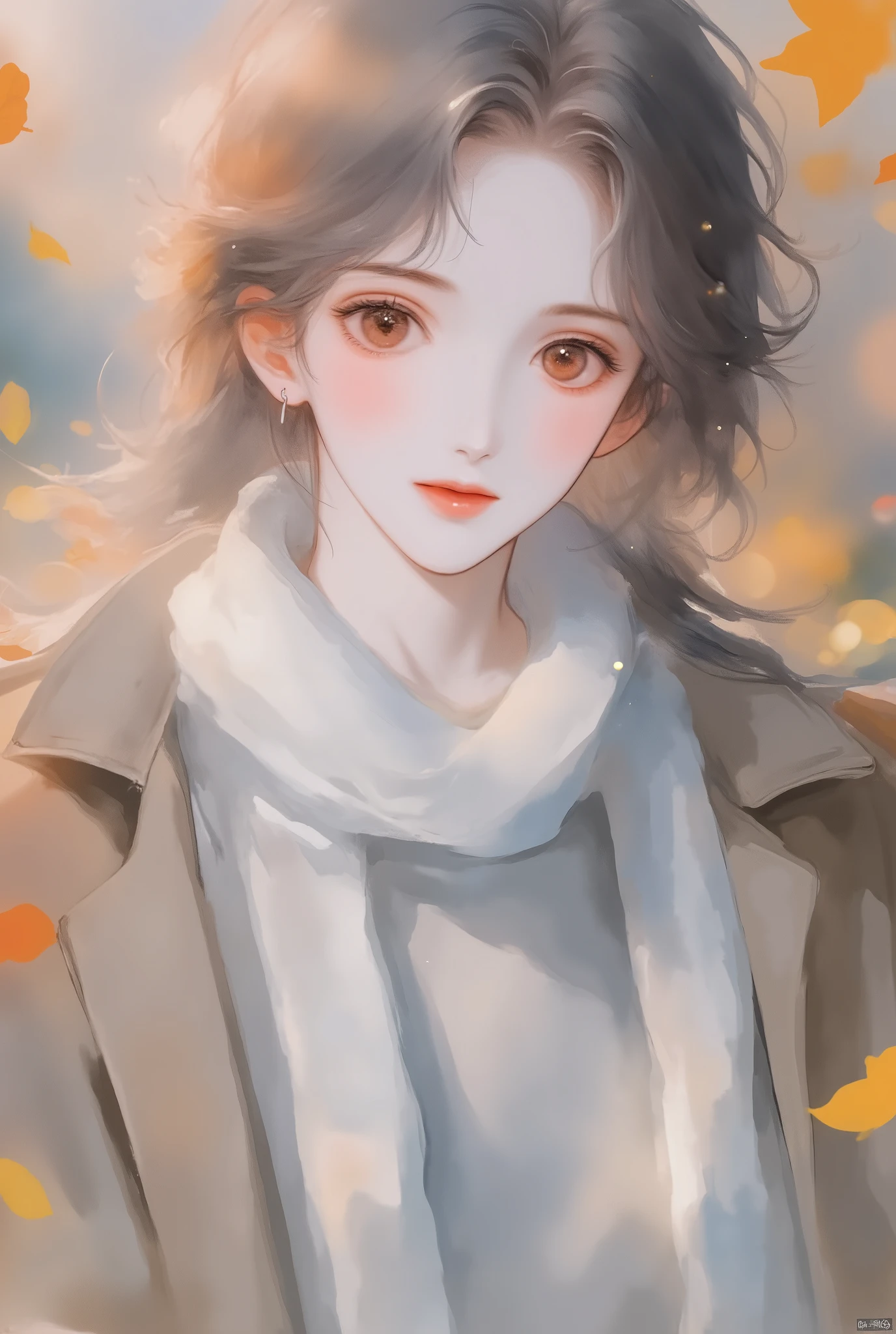 A girl with long brown hair, brown eyes, sharp features, white skin, shiny light pink lips, beautiful, perfect elegant, wearing winter clothes, clear bright colors, high quality resolution, autumn background .
