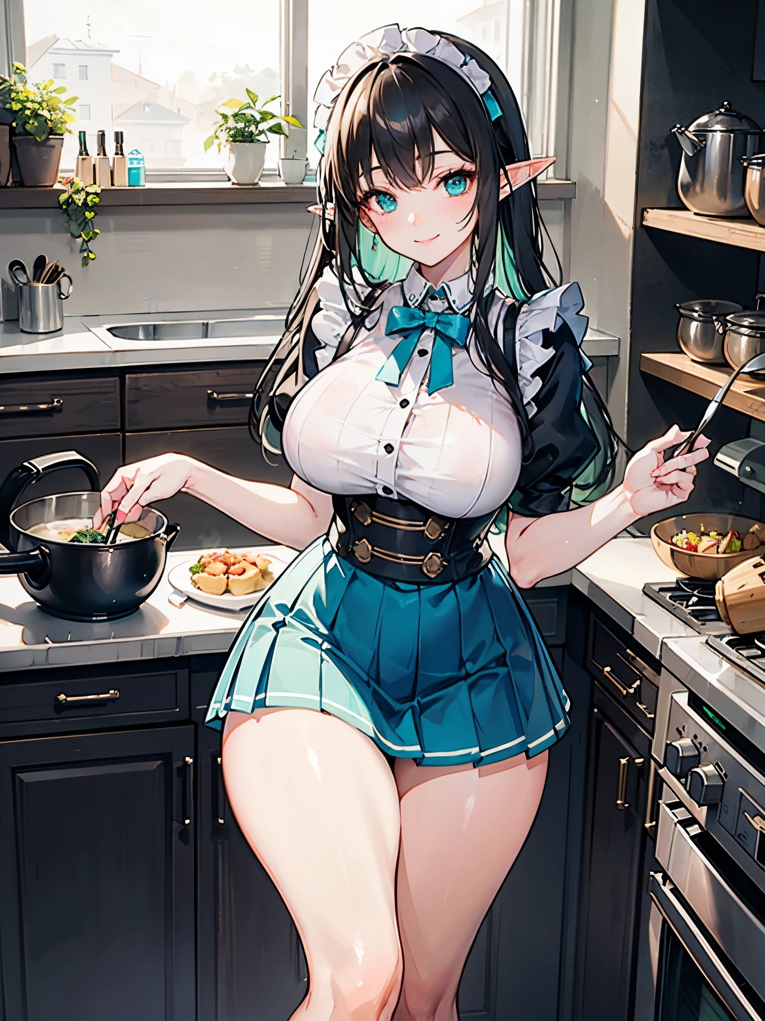 Eunectes, big breastes, in a kitchen, prepares meals, Very sexy maid's clothes
