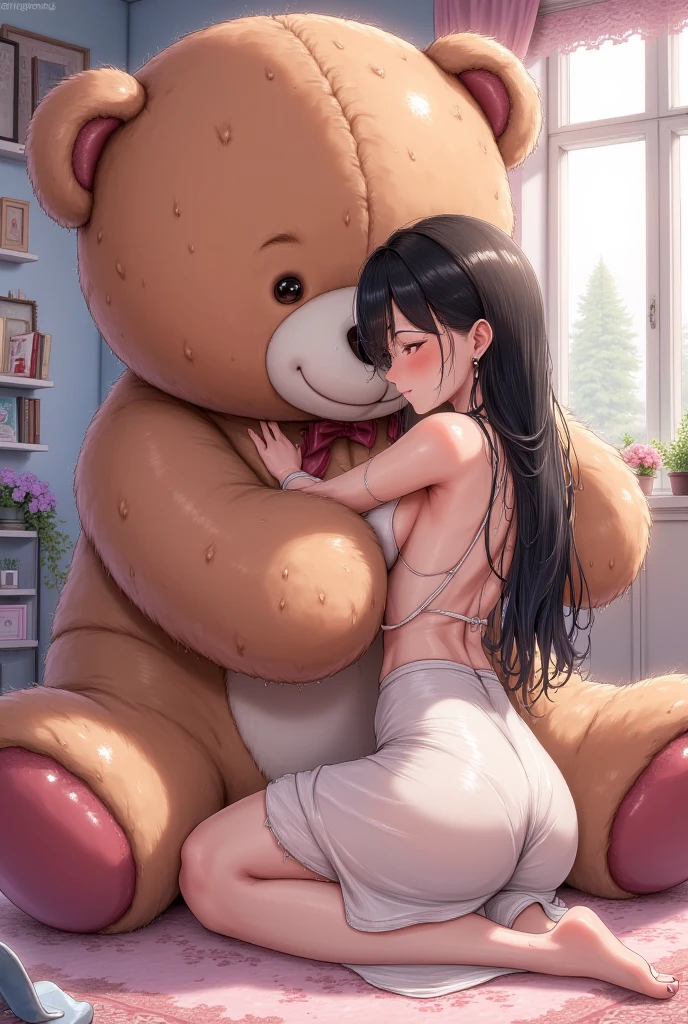 Naked woman hugging a giant stuffed bear