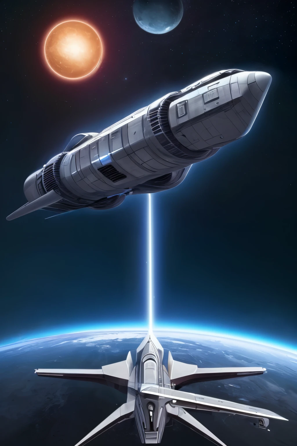 Tubular spaceship, Realistic, Proportional to the background image, symmetrical, science-fiction aesthetics, thrusters at the bottom, wingless, No wings, Tubular ship.
