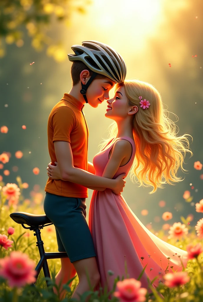2 boy in a wheelchair meets his girlfriend who had gone to the United States with a kiss that the girl looks blonde and the boy has Nike shoes