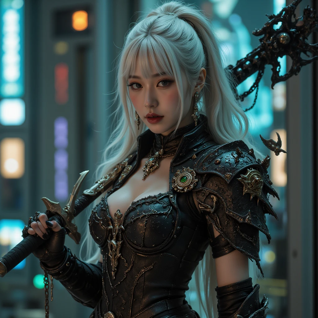 white  hair、long fluttering hair、strong breeze、a purple eye、Luminous Eyes、Steampunk Girl、Colossal ????、The face and ????? are alive、Cleavage is visible。photoRealstic、portfolio、Steampunk Cyborg、Gothloli details、metalic、detailed mechanical components、Bundle of thin tubes、Hydraulic cylinder、gear wheel、Luminous tube、Detailed neon、Fine LED、Fine parts