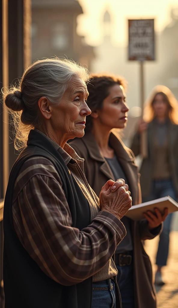 "A hyperrealistic and cinematic image of three women at different times in life, representing care, dreams and resistance. in the foreground, an older woman with wrinkled hands holds tenderly the hands of a , transmitting love and protection. At your side, a young woman with her eyes focused on the horizon, } with a notebook in her hand or sitting in front of a computer, reflecting hope and determination to achieve their dreams. In the background, a woman with a firm and proud expression, standing in the middle of a crowd at a protest or holding a banner with a message of justice, representing struggle and resistance. The lighting is warm and golden, highlighting the faces and emotions of each one. The background is subtly blurred, with symbolic details that reinforce her stories: A cozy home , a classroom or a factory for the woman who cares for; a city with lights on for which she dreams; and a crowd or wall with graffiti of messages of change to which. The image conveys strength, empathy and inspiration, resists reflecting the struggle and unwavering spirit of women in daily life."