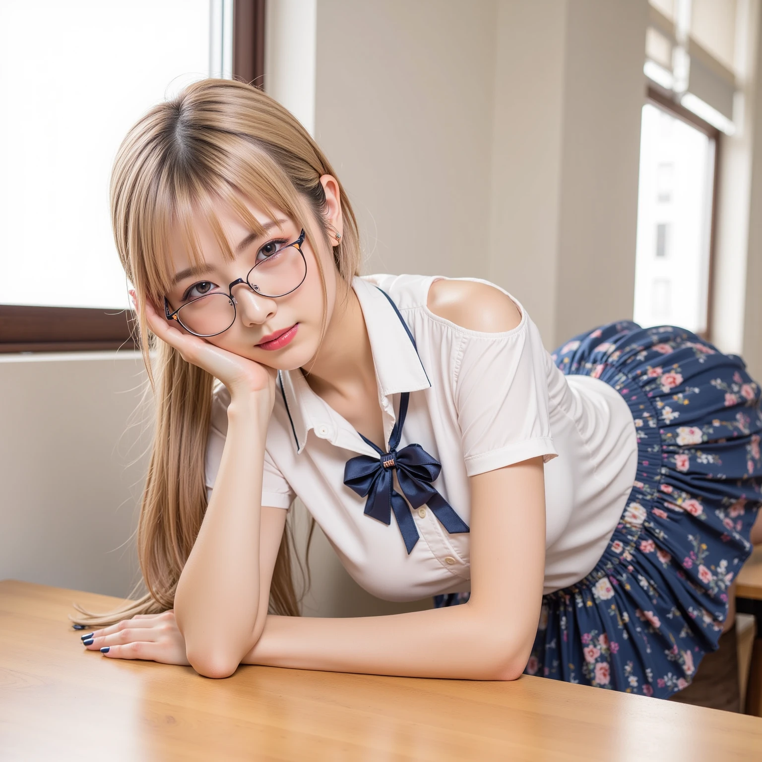 Panties visible between her legs:1.2、Beautiful girl, (Skirt flip:1.1), looking at the camera, Angle from below, Short skirt, squat, A shy smile, Japan , Beautiful Skin, ((Highest quality, 16K, Tabletop: 1.3)), 1 Girl, Light on the face, Ultra detailed face, Highly detailed lips, Fine grain、Realistic Skin、(White panties with light blue horizontal stripes)、Shaven、Silver Hair、Thick braids、The front hair is even、Uniforms in different colors、Natural clothing、Vans Sneakers、Wear black socks、Silver-rimmed glasses、